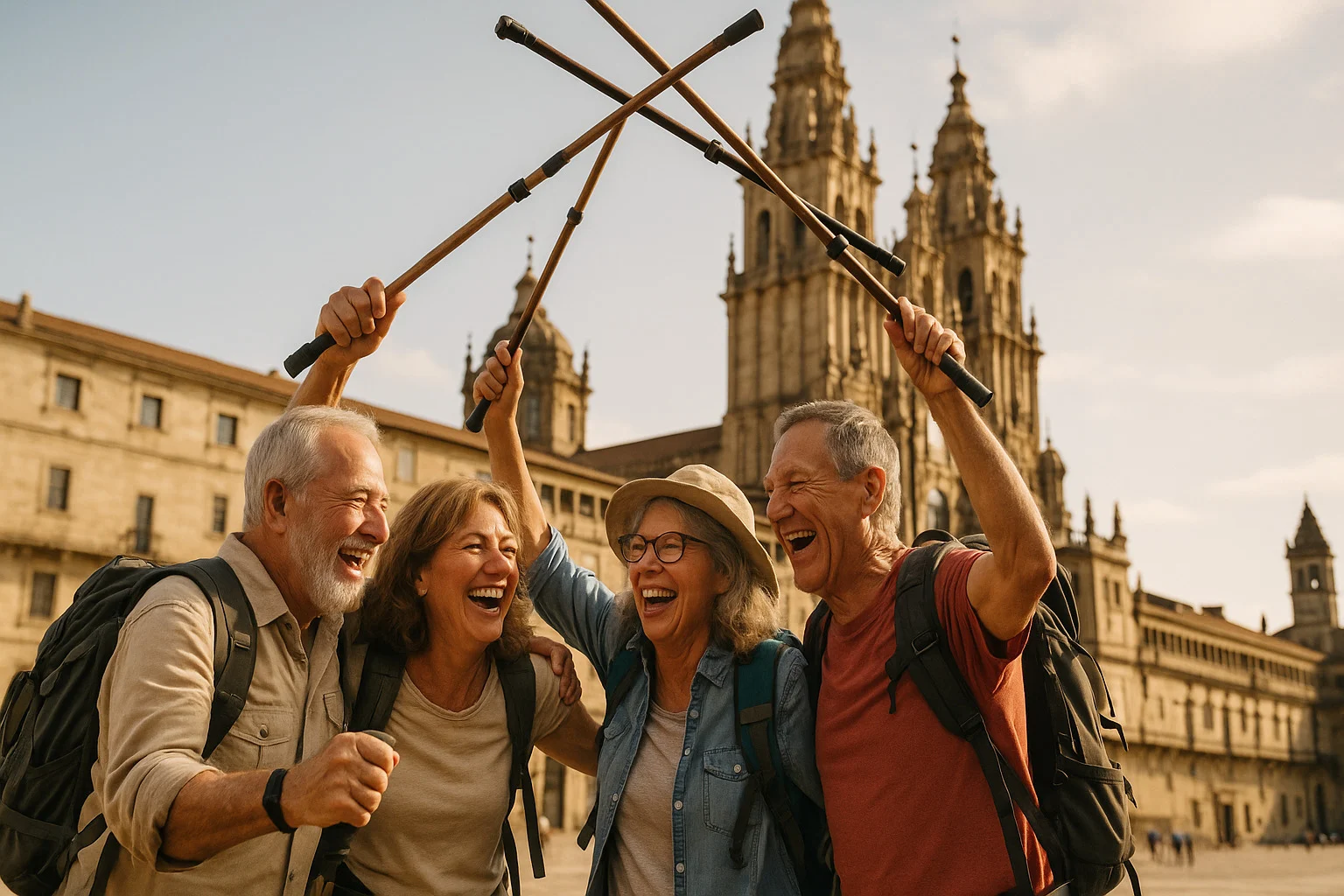 Joyful group celebrating arrival at Santiago de Compostela Cathedral