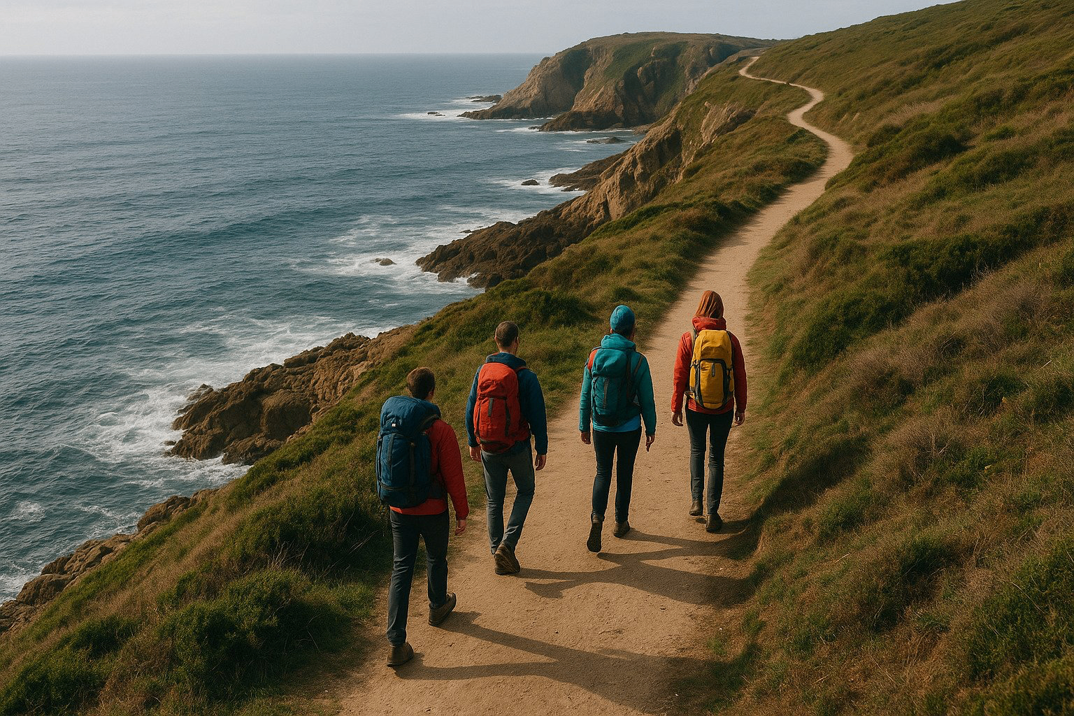 Pilgrims on the clifftop Camino path