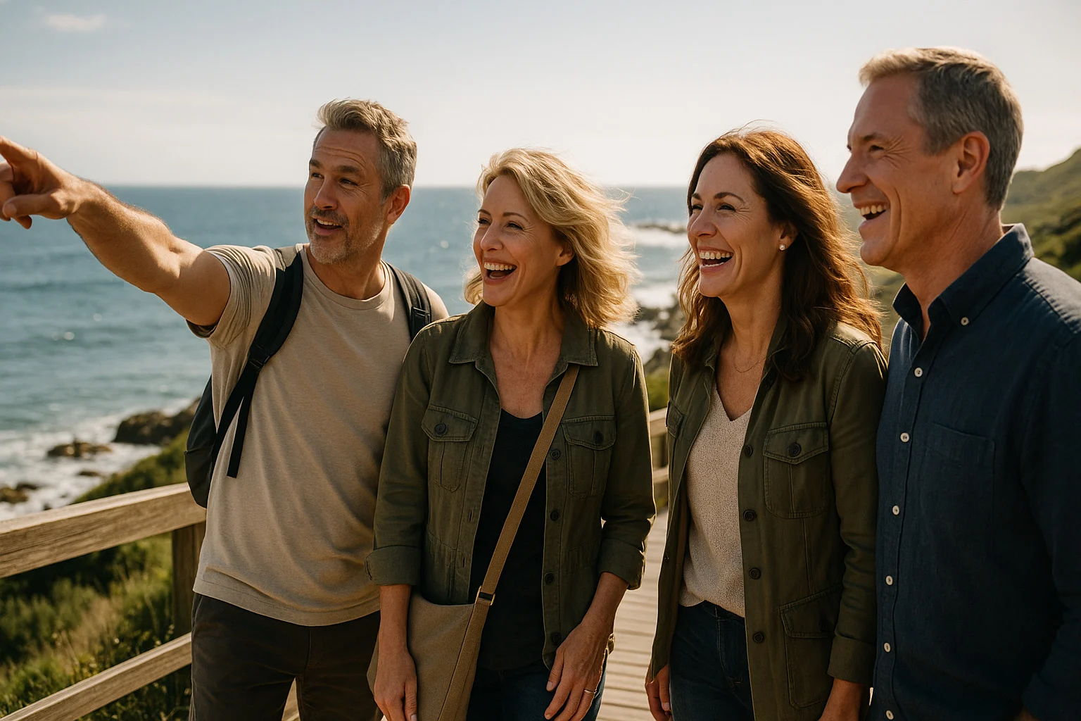 Group of pilgrims enjoying Atlantic views on a coastal boardwalk