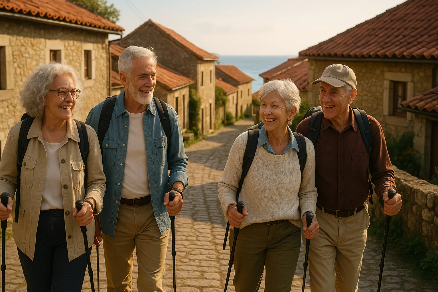 Group of pilgrims walking through a cobblestone Galician village