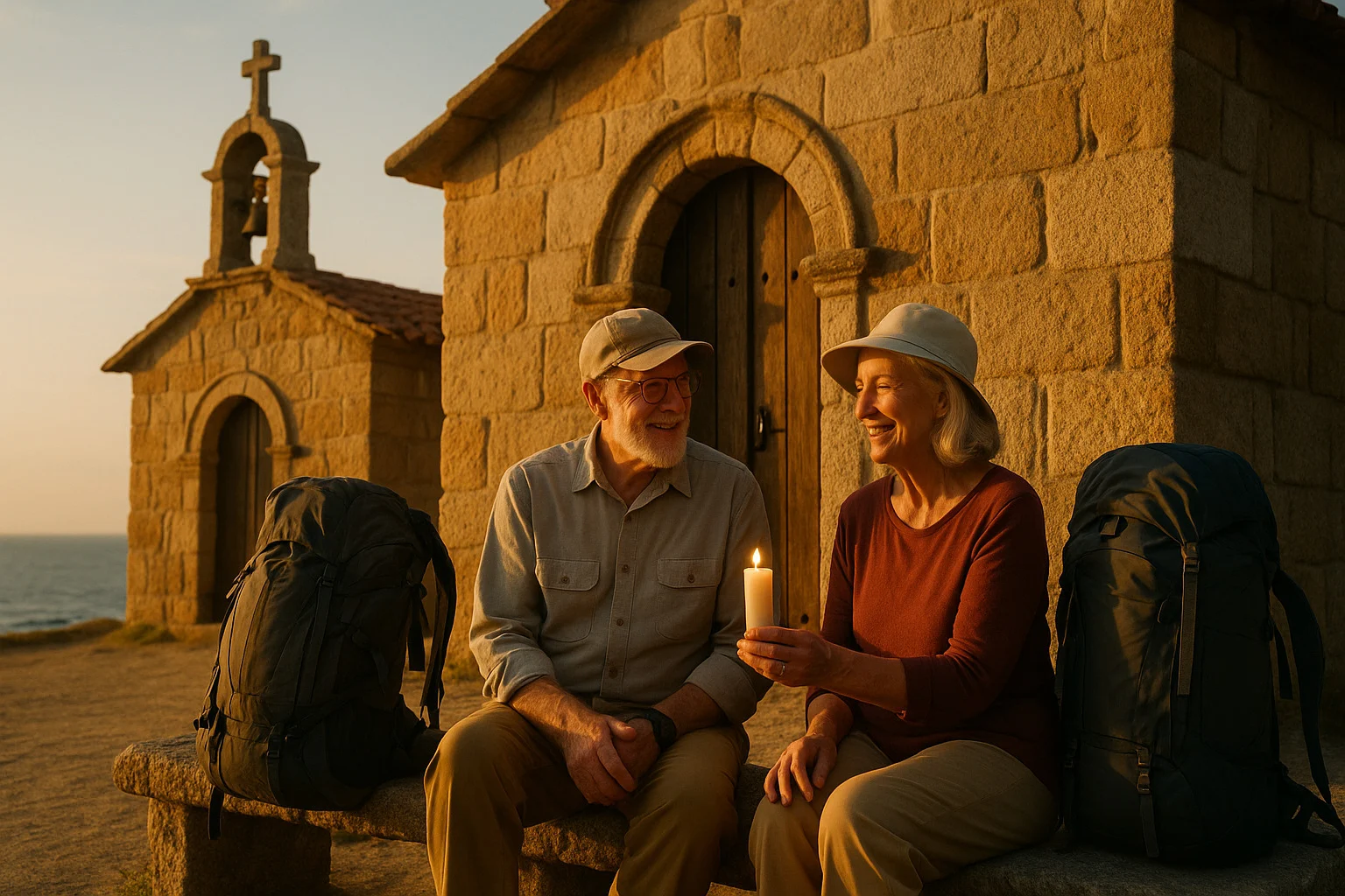 Couple resting beside an ancient Camino chapel at golden hour