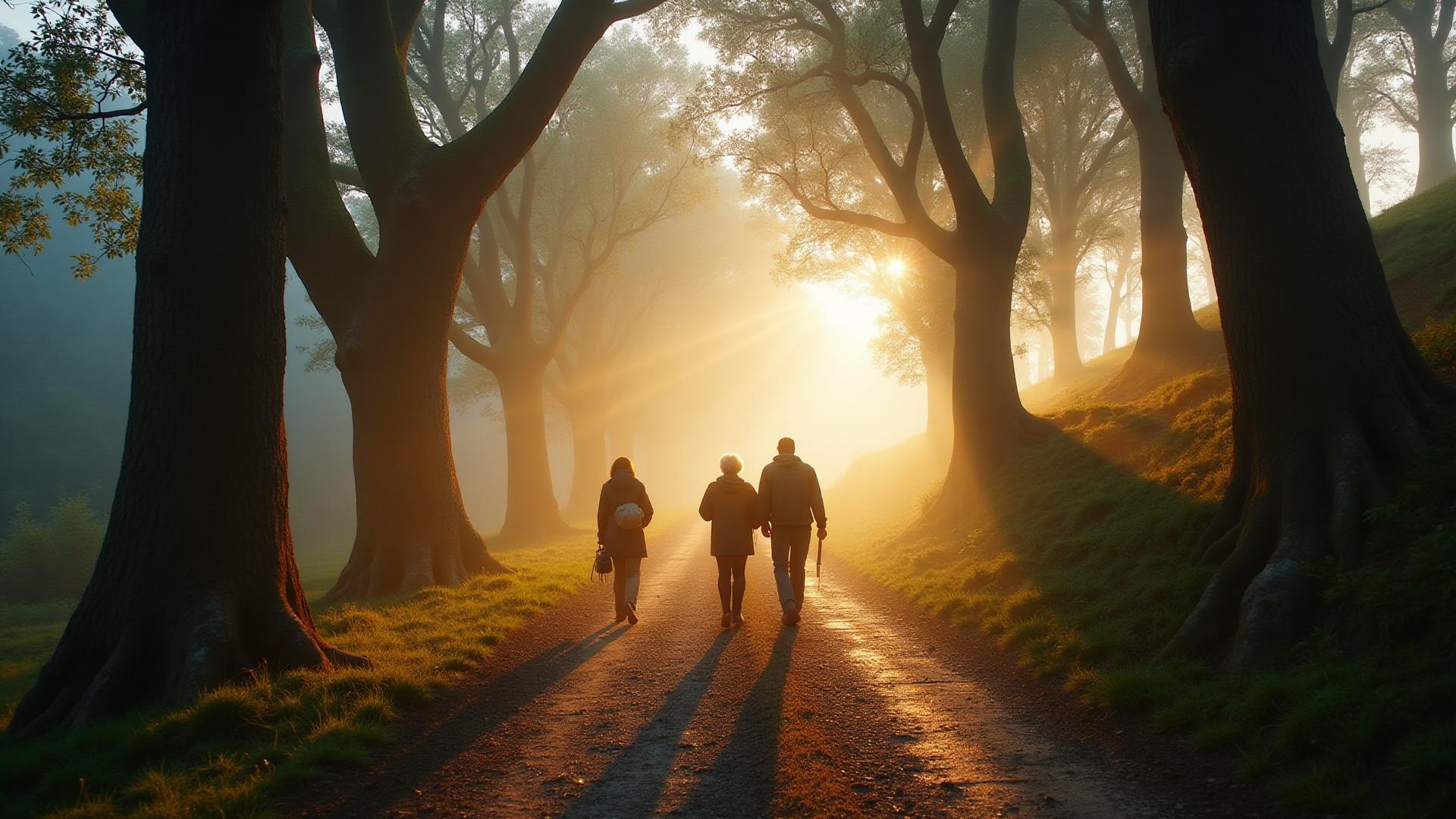 Pilgrims walking through a misty morning forest on the Camino