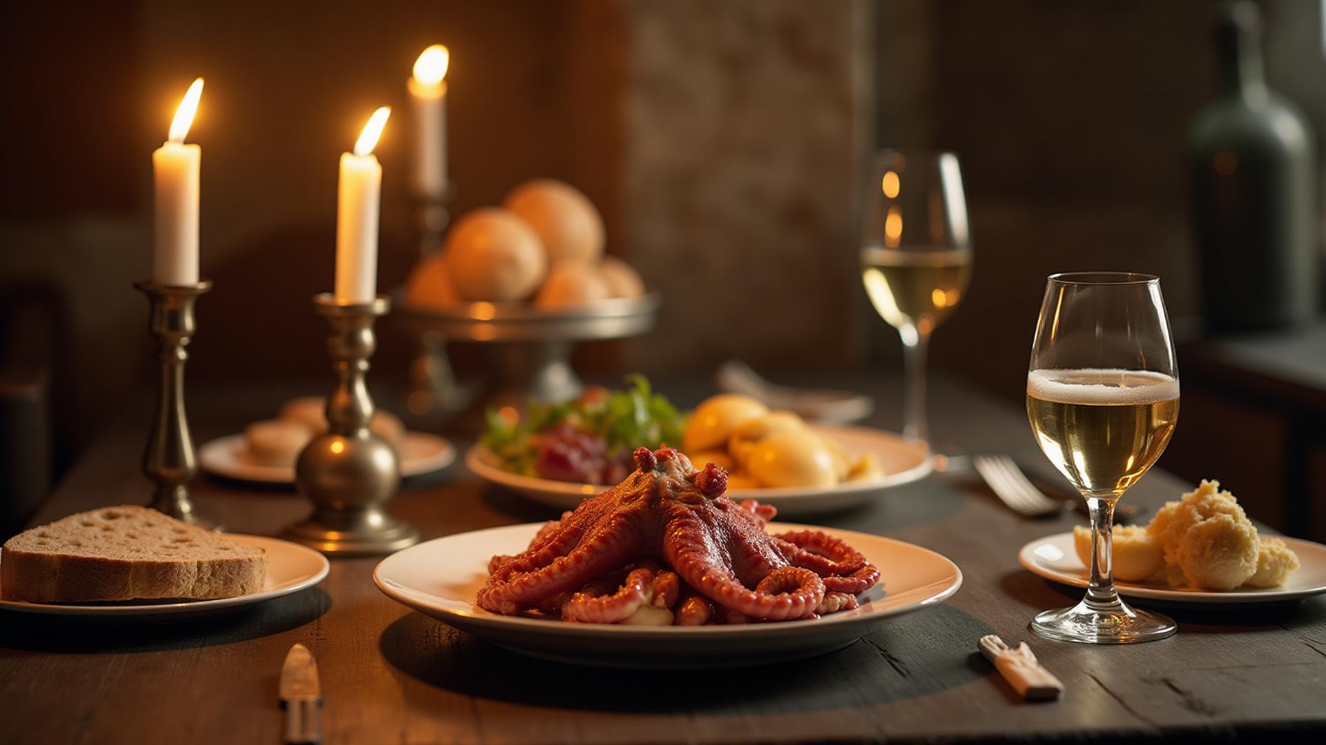 Traditional Galician dinner with octopus and Albariño wine