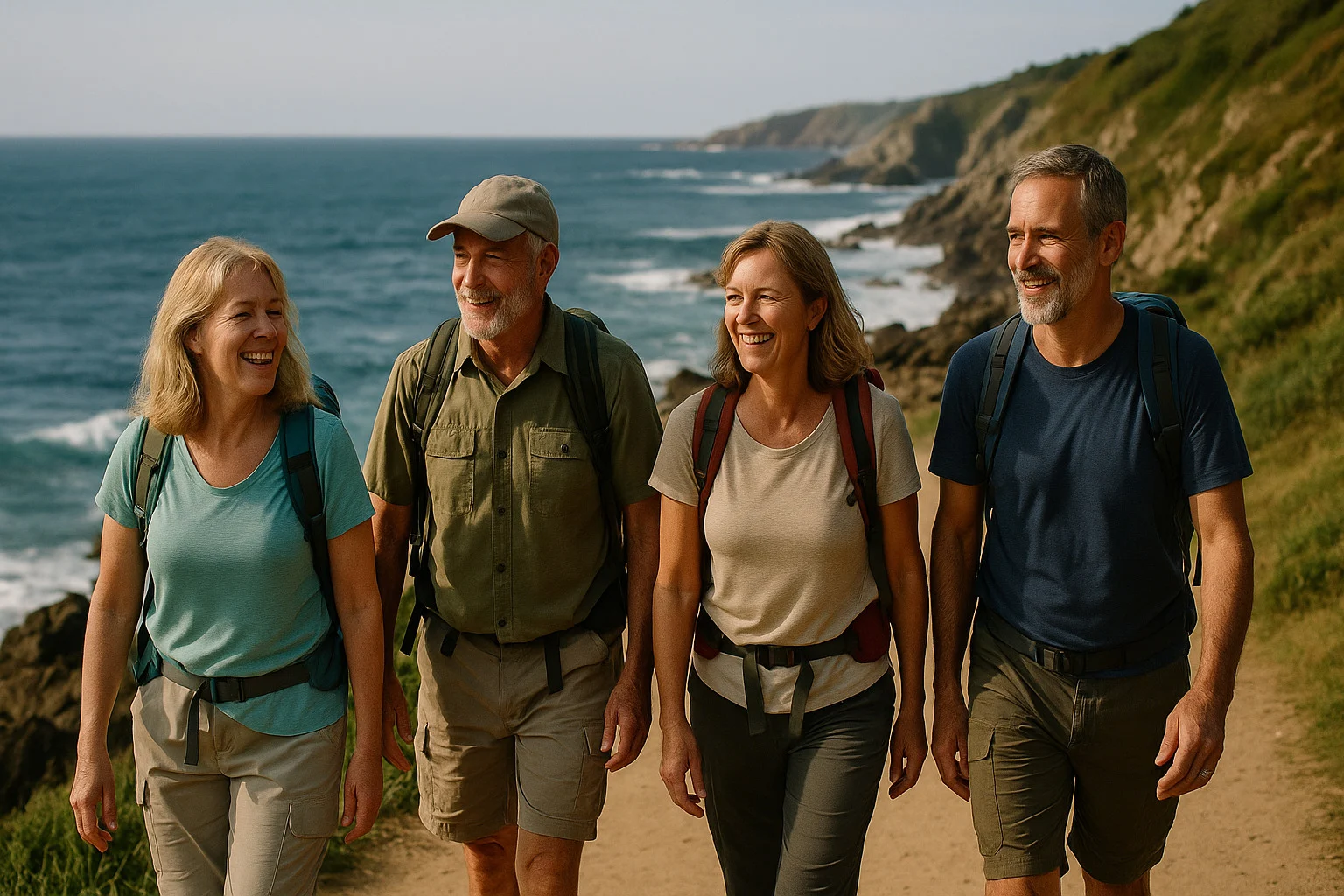 Group of pilgrims walking the coastal Camino path