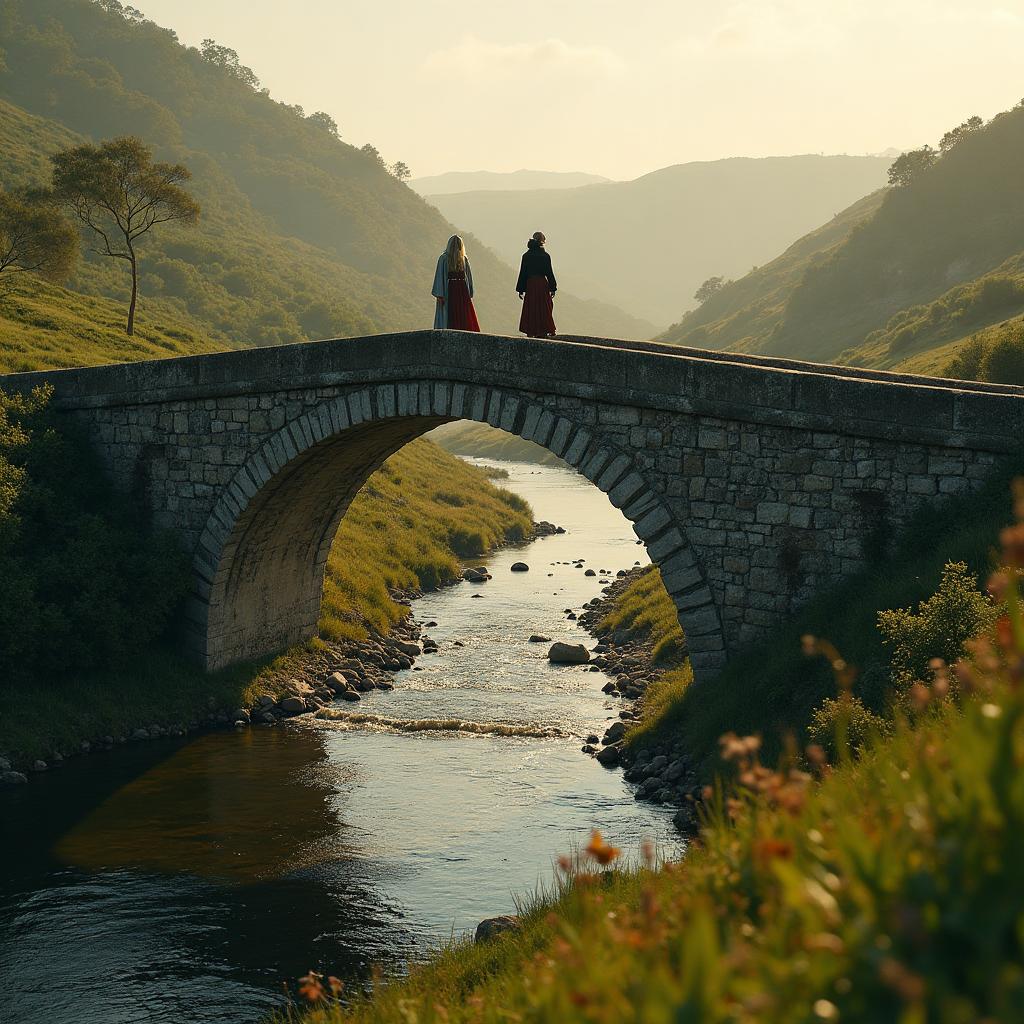 Pilgrims crossing an ancient stone bridge on the Camino