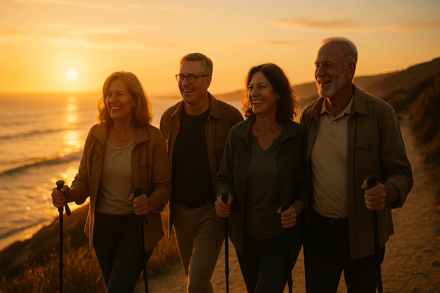 Group walking the Camino coastal path at sunset