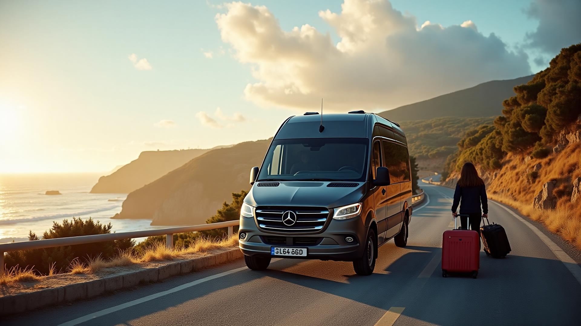 Premium Mercedes support vehicle on the Camino coastal road