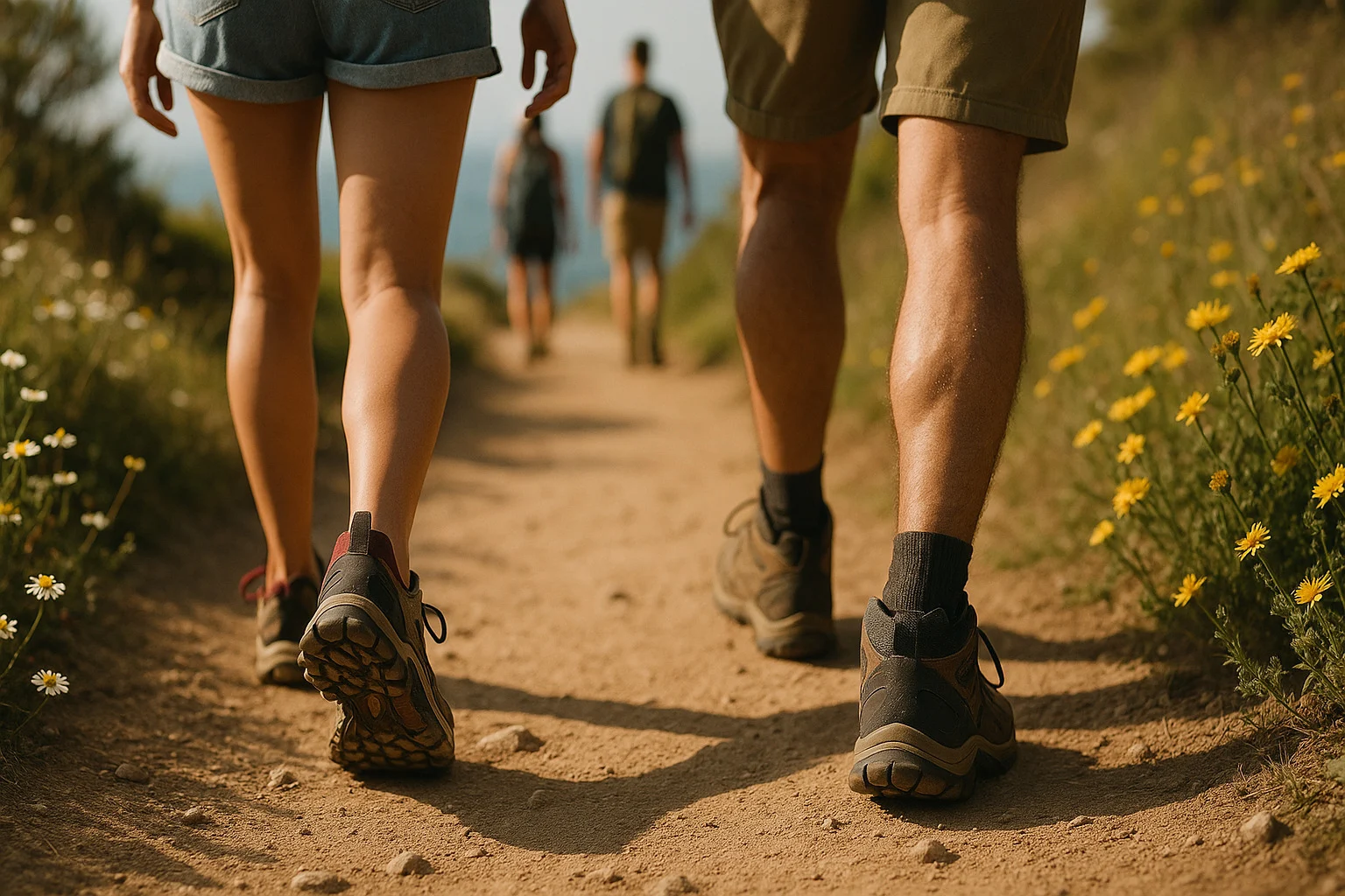 Close up of pilgrims walking on the Camino trail