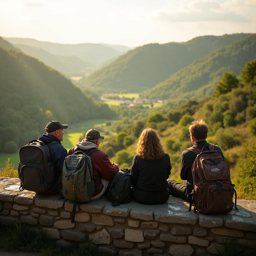 Pilgrims resting on a stone wall overlooking a Galician valley