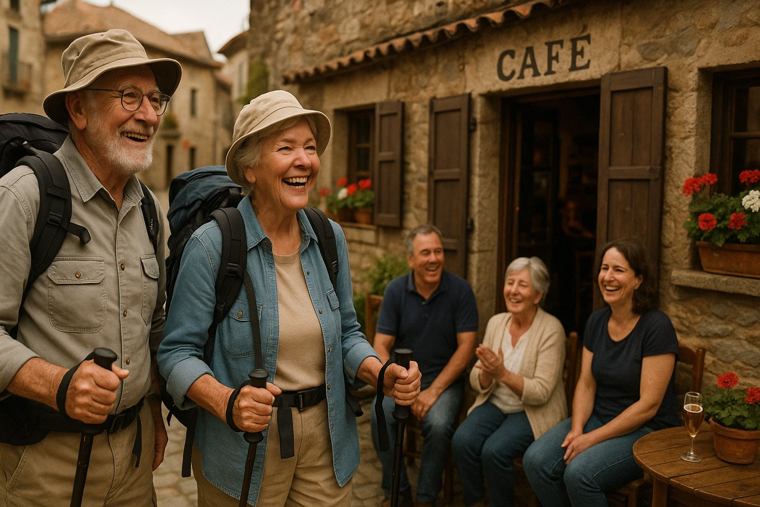 Pilgrims at a village café in Galicia